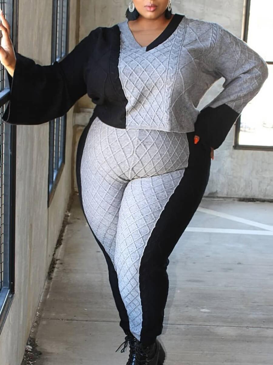 

Lovely Casual V Neck Patchwork Grey Plus Size Two-piece Pants Set