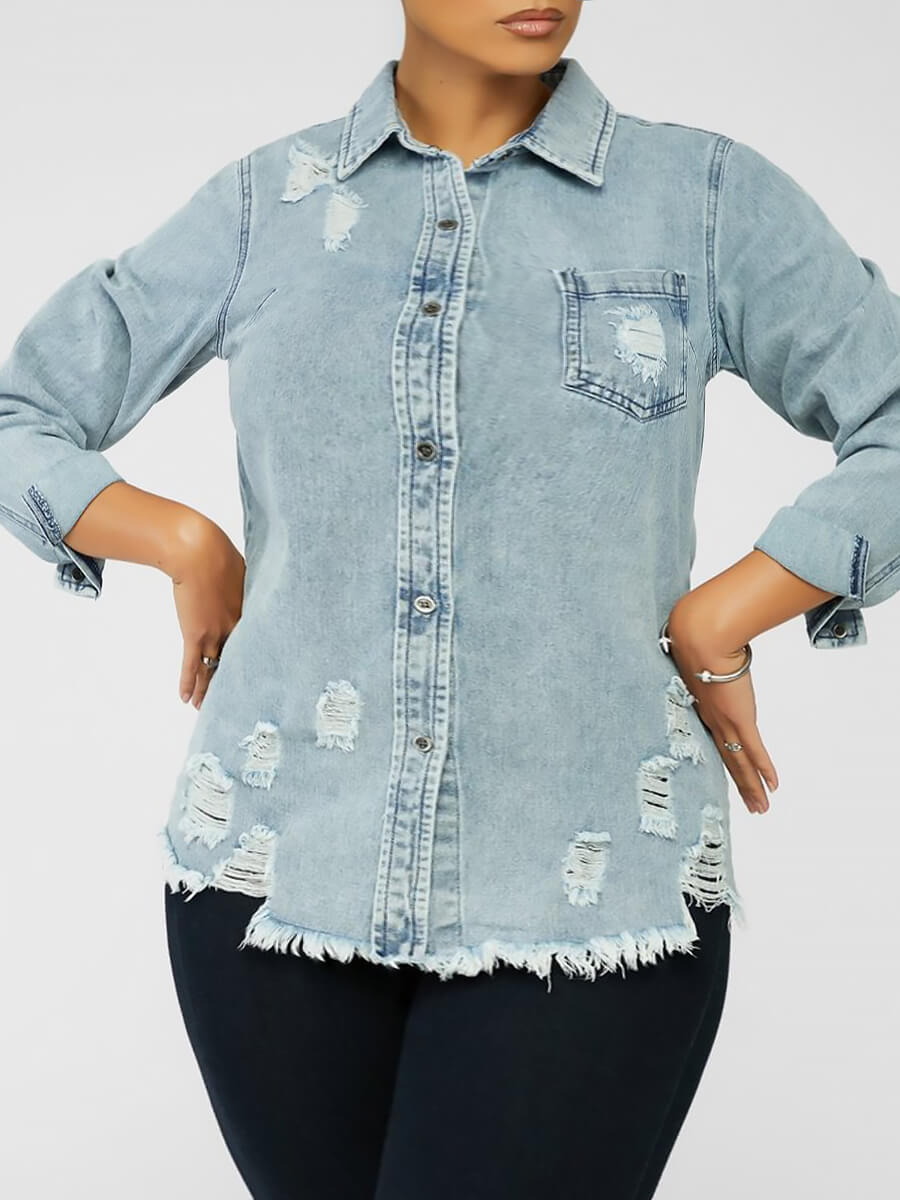 

Lovely Street Broken Holes Raw Edge Baby Blue Plus Size Denim Coat