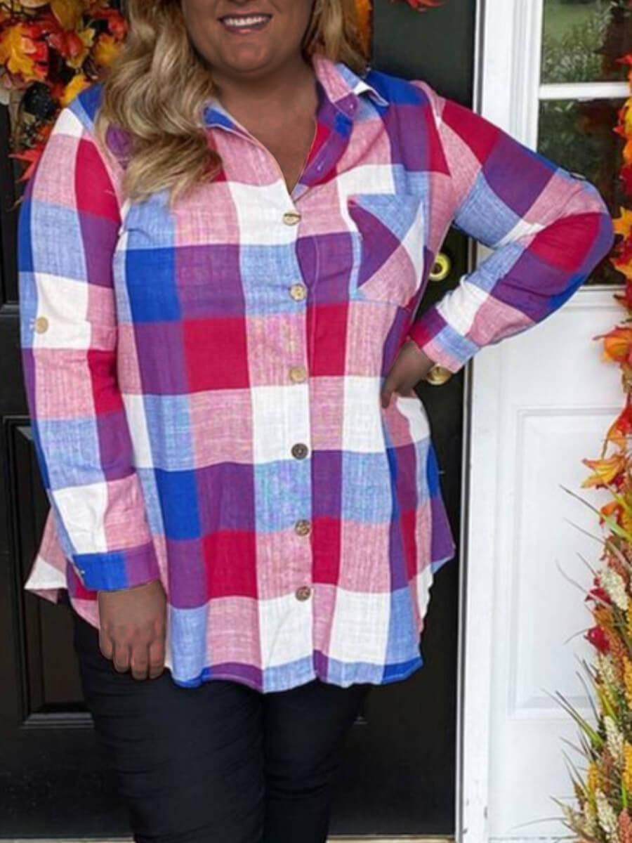 

Lovely Street Plaid Print Pocket Design Red Plus Size Blouse