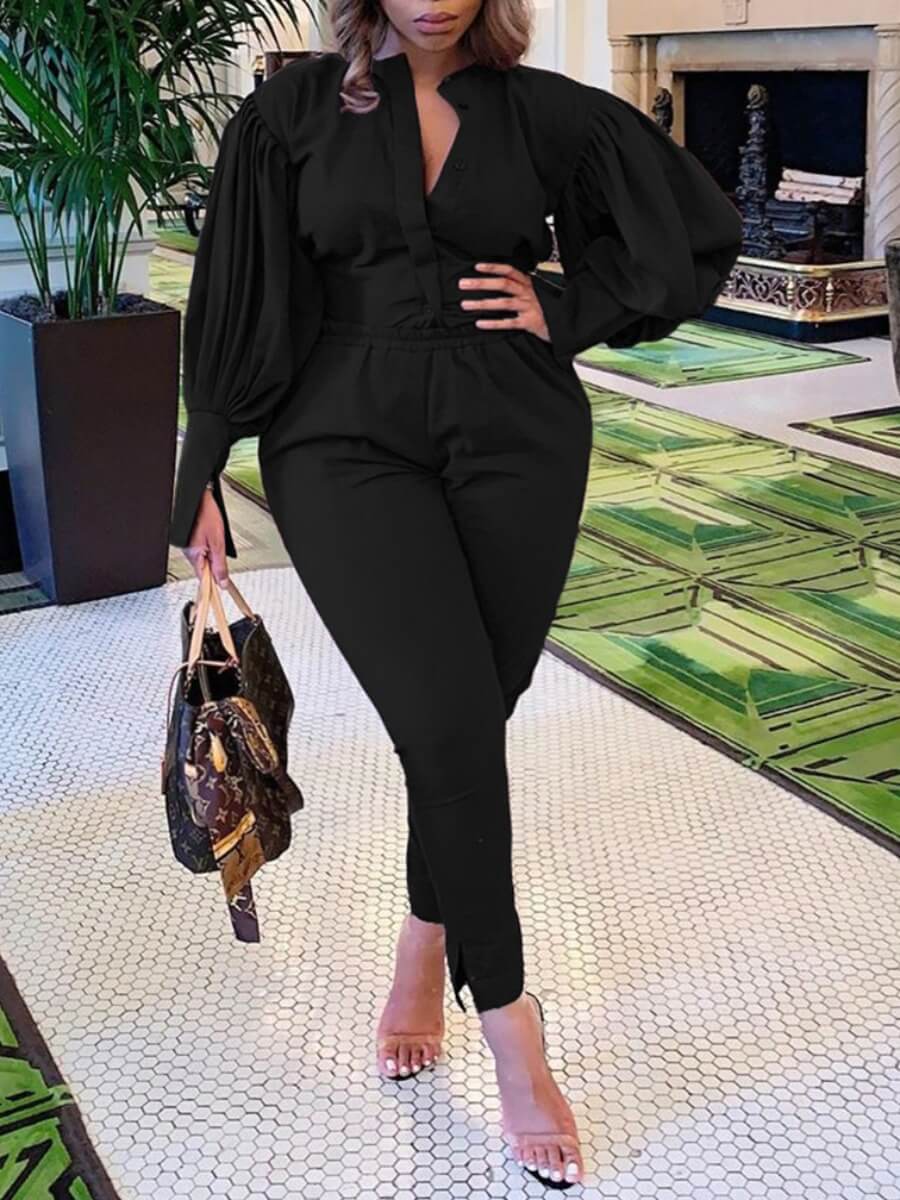 

Lovely Trendy Ruffed Sleeve Black Plus Size Two-piece Pants Set