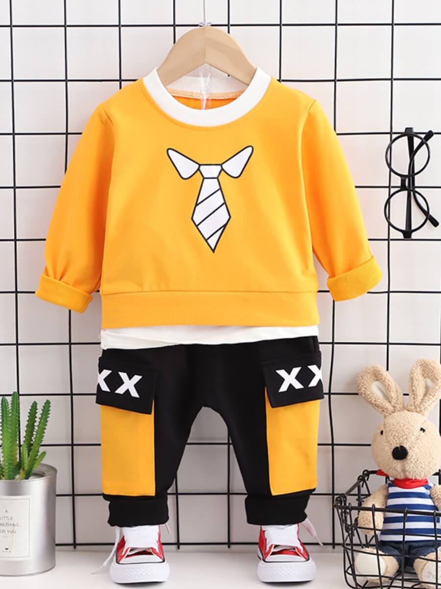 

Lovely Casual Letter Print Side Pocket Yellow Boy Two Piece Pants Set