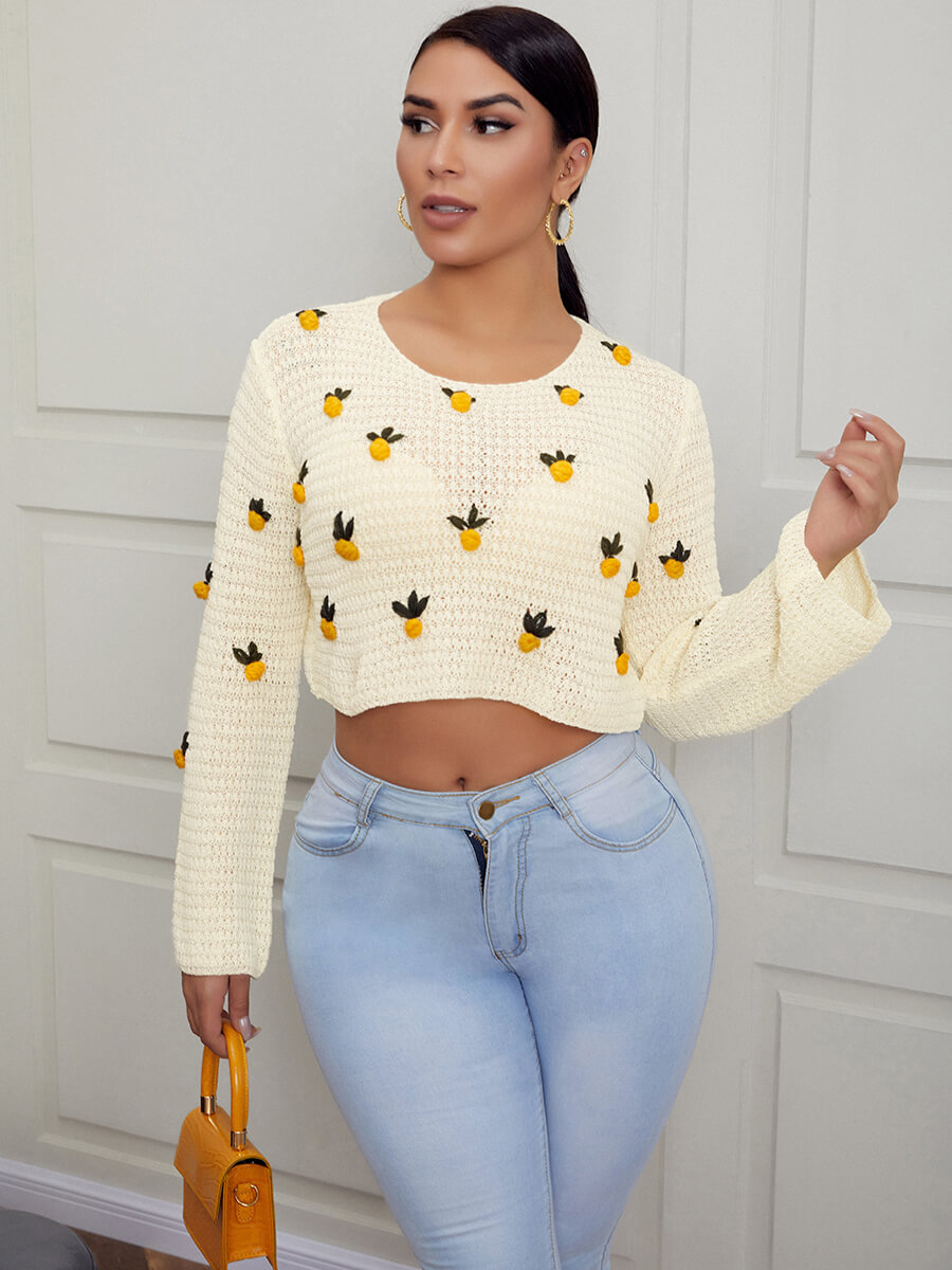 

Lovely Trendy Floral Print Hollow-out White Sweater