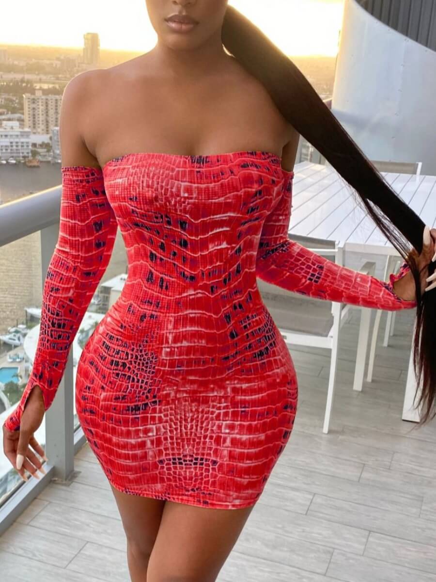 

Lovely Trendy Bateau Neck Animal Print Red Mini Dress