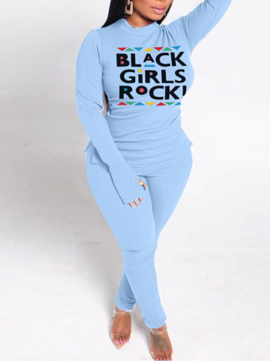 

Lovely Casual Turtleneck Letter Print Baby Blue Two Piece Pants Set