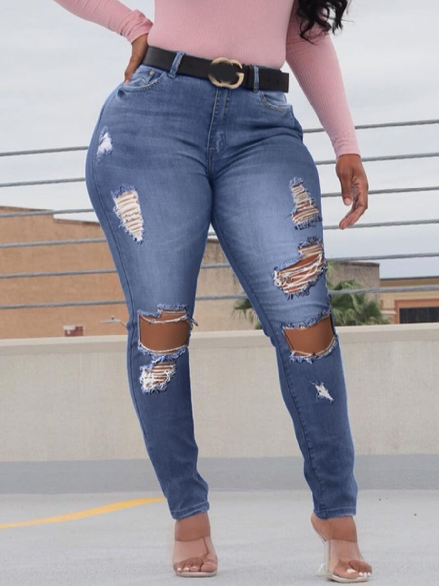 

Lovely Street High-waisted Broken Holes Blue Jeans