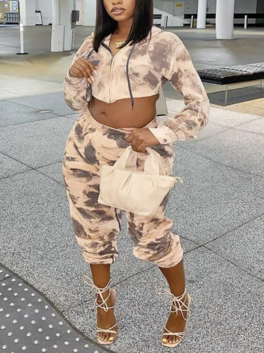 

Lovely Casual Hooded Collar Tie Dye Print Brown Two Piece Pants Set
