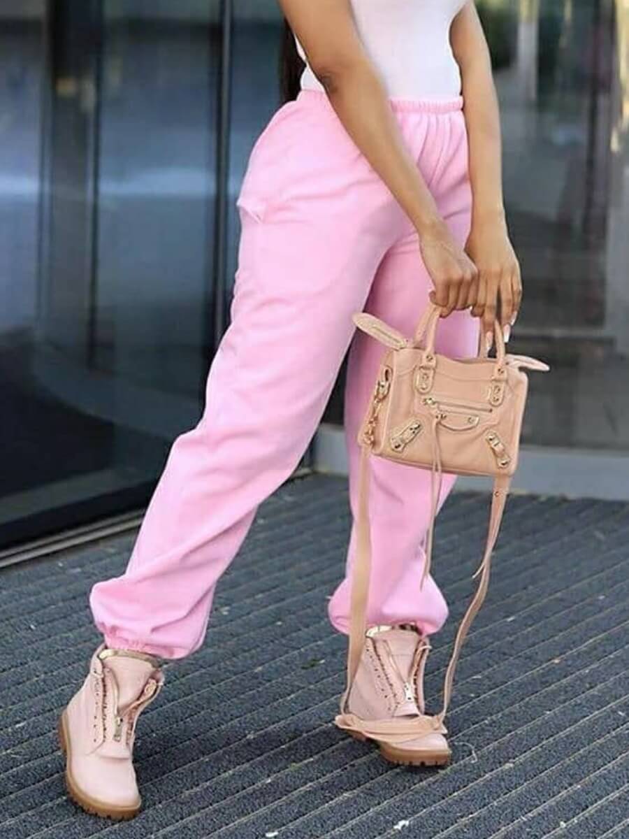

Lovely Casual Mid Waist Pocket Design Pink Pants