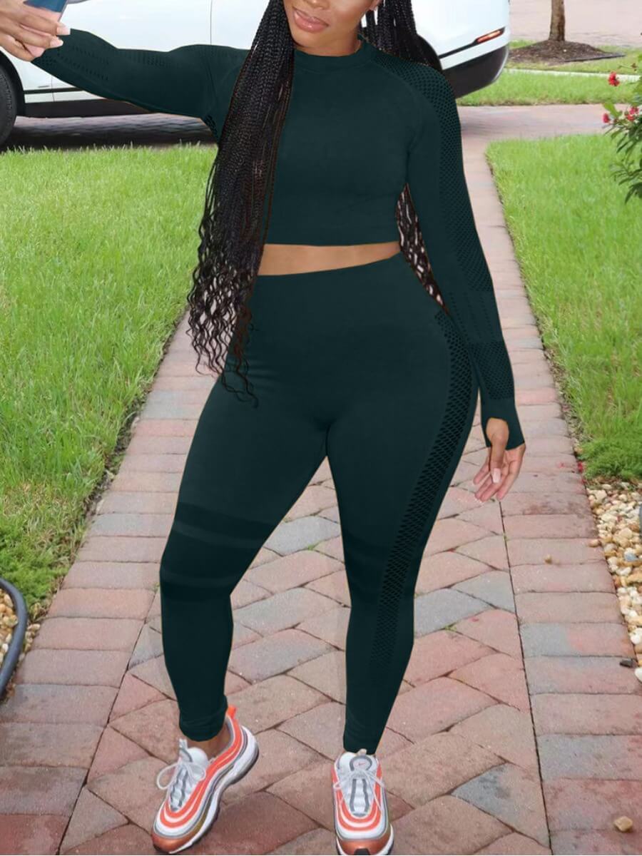 

Lovely Sportswear O Neck Hollow-out Striped Green Two-piece Pants Set