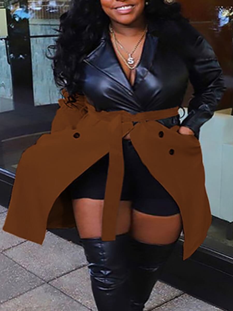 

Lovely Street Turndown Collar Patchwork Button Design Brown Plus Size Leather