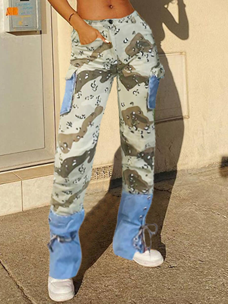 

Lovely Casual High-waisted Print Patchwork Army Green Jeans, Army green camouflag