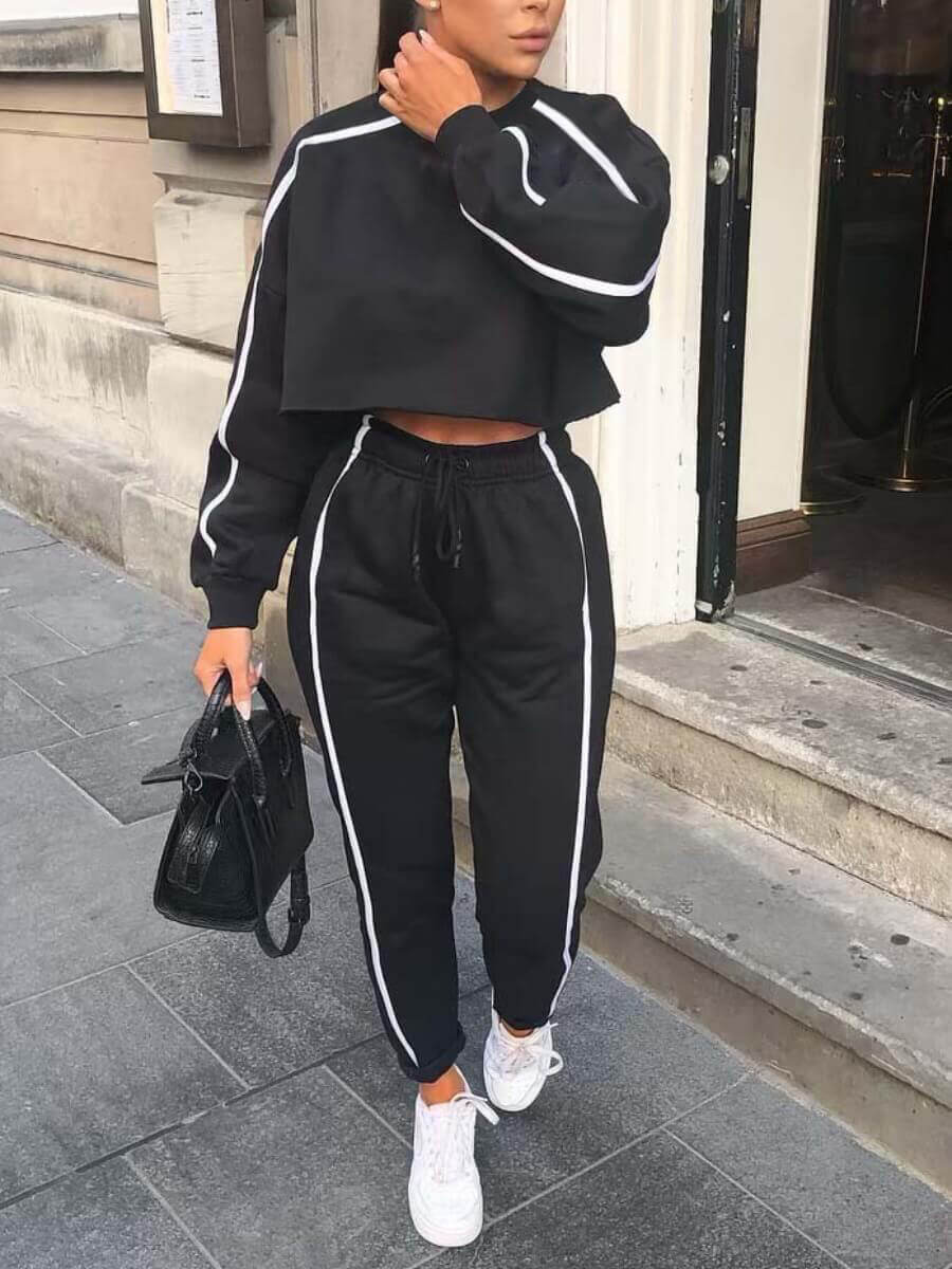 

Lovely Casual Striped Drawstring Black Two Piece Pants Set