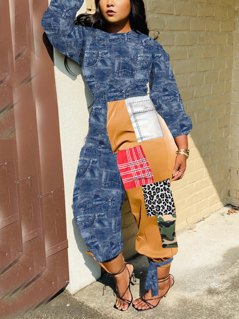 

Lovely Stylish O Neck Patchwork Print Blue One-piece Jumpsuit