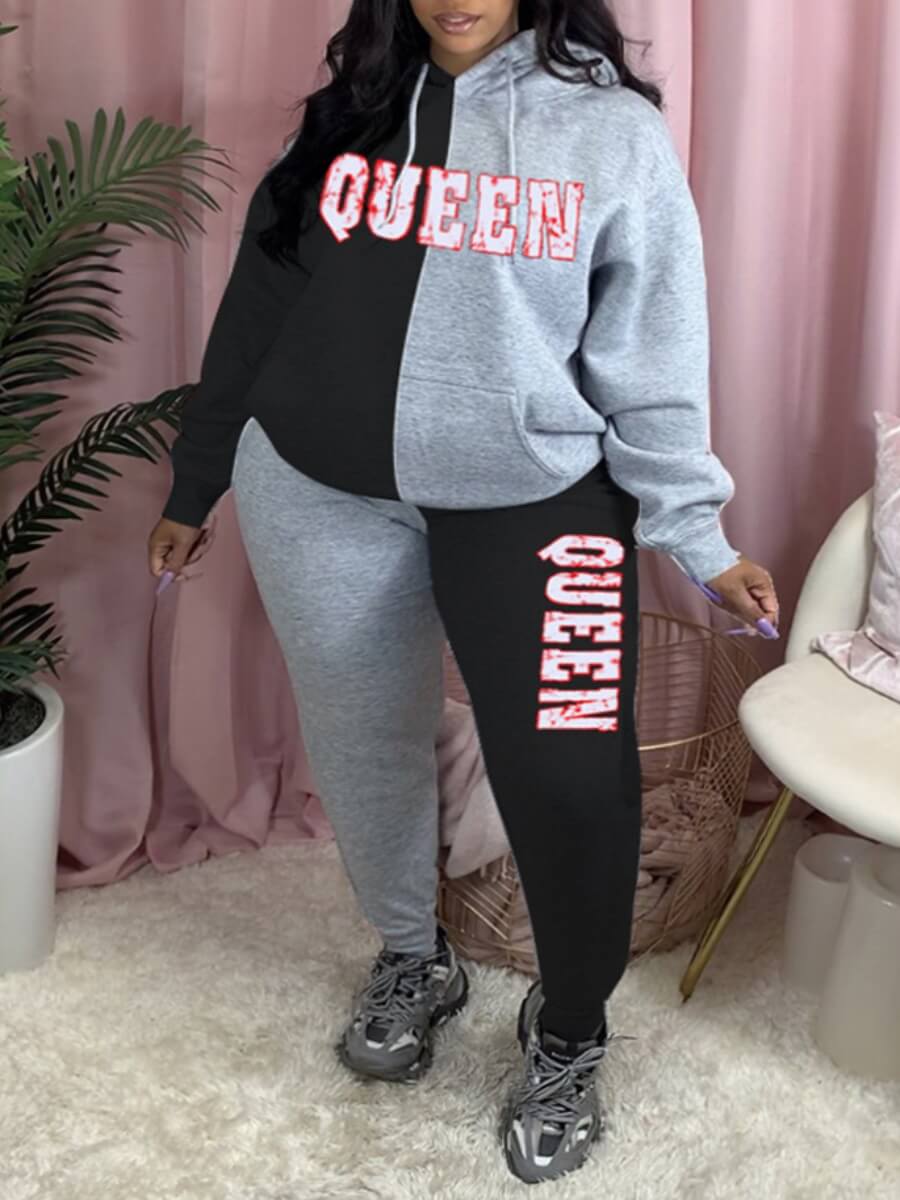 

Lovely Street Letter Print Patchwork Black Plus Size Two-piece Pants Set