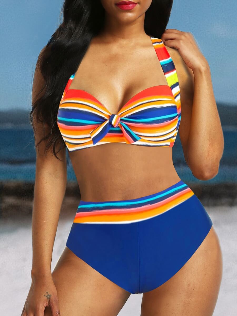 

Lovely Sexy Striped Lace-up Multicolor Two-piece Swimsuit, Multi