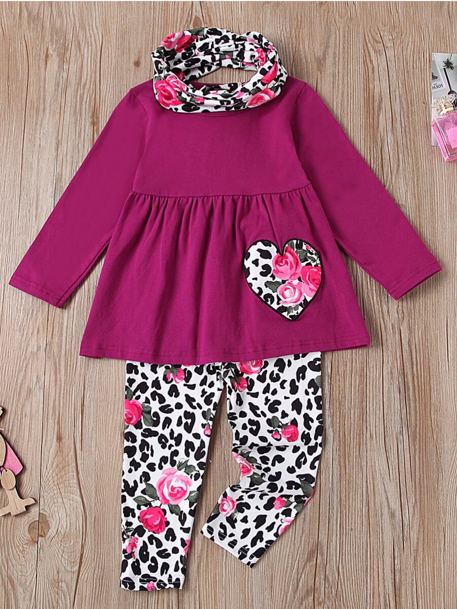 

Lovely Sweet Floral Leopard Print Purple Girl Two Piece Pants Set