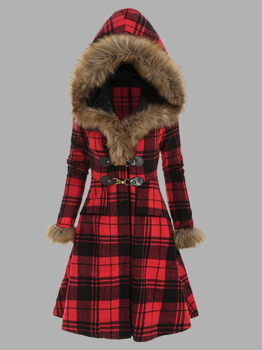 

Lovely Trendy Hooded Collar Plaid Print Red Plus Size Woolen Coat