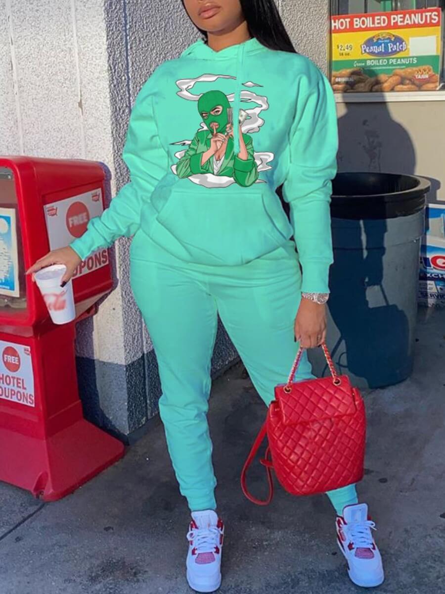 

Lovely Casual Hooded Collar Print Green Two Piece Pants Set
