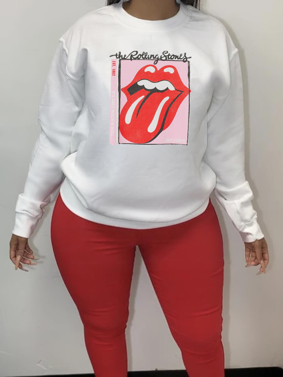 

Lovely Casual O Neck Lip Print White Plus Size Hoodie