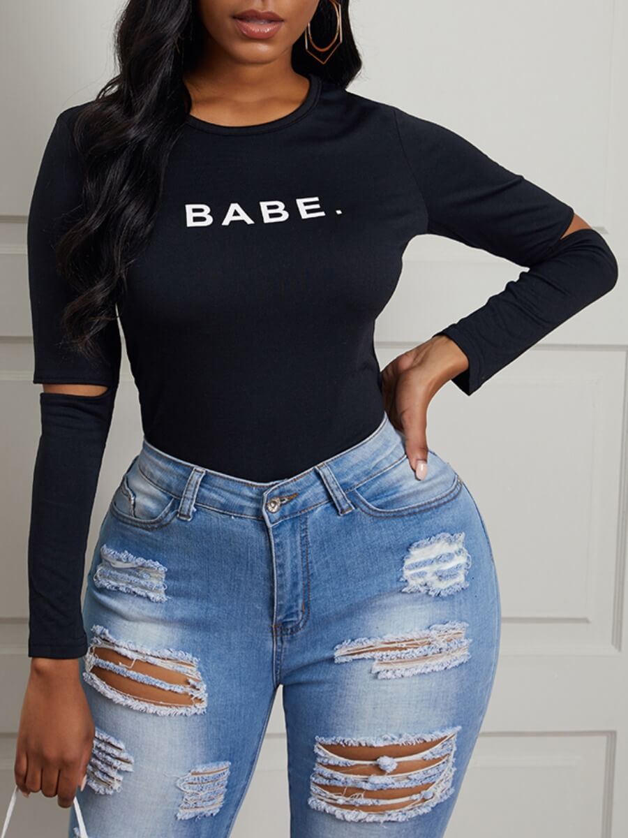 

Lovely Casual O Neck Letter Letter Print Hollow-out Black T-shirt
