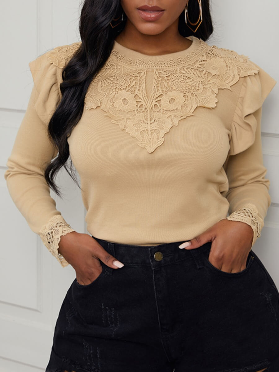 

Lovely Sweet O Neck Patchwork Khaki T-shirt