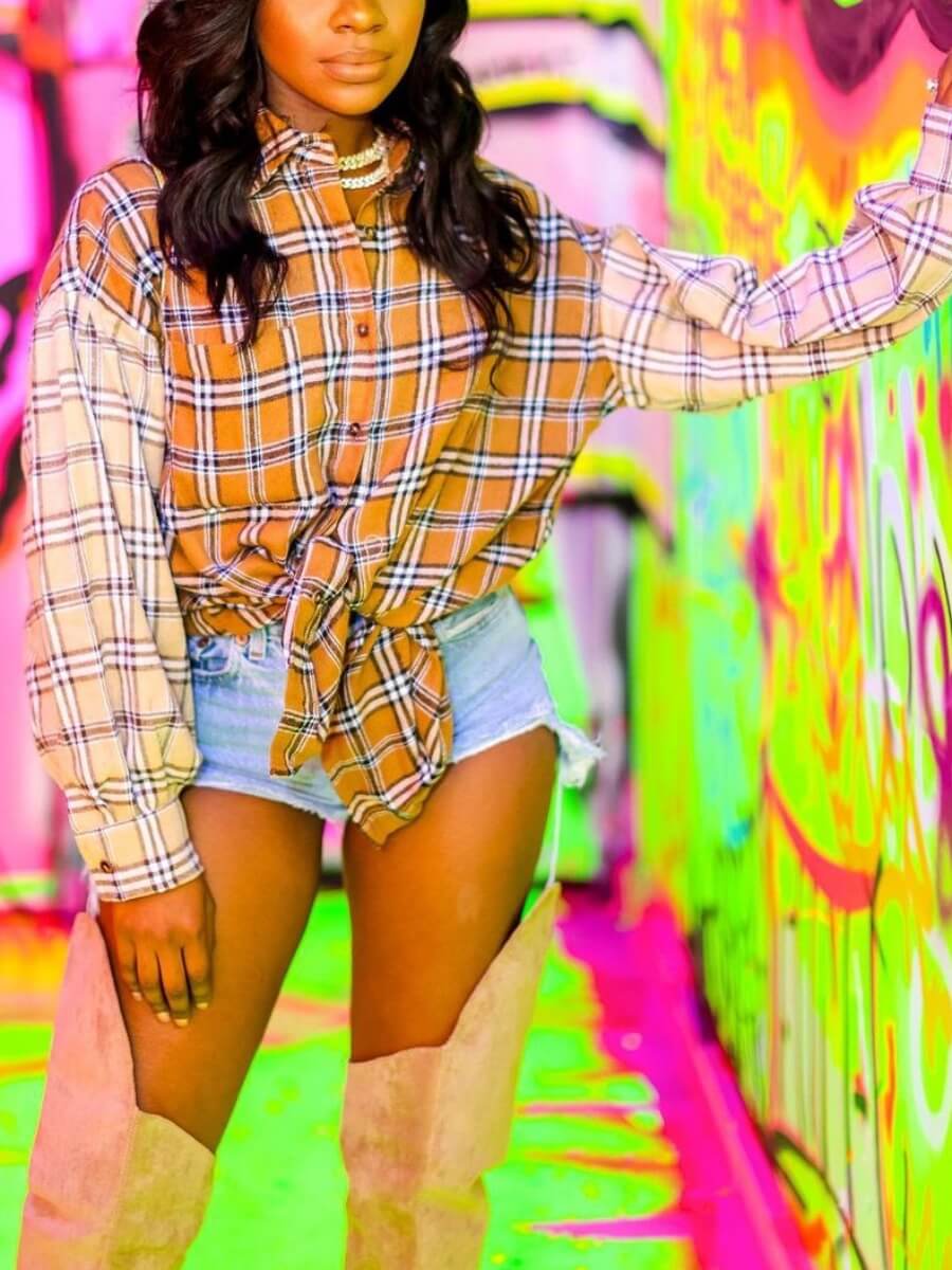 

Lovely Casual Turndown Collar Plaid Print Orange Blouse