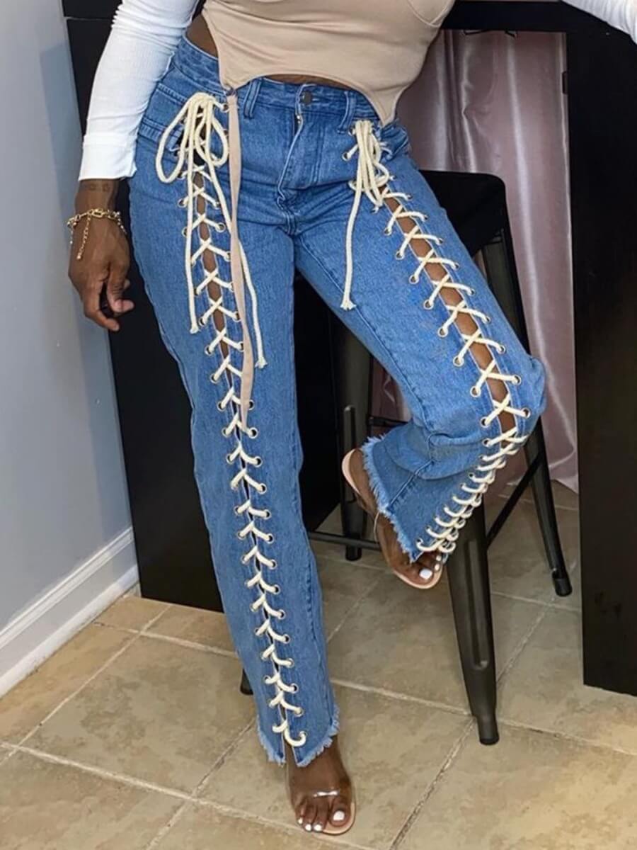 

Lovely Street High-waisted Lace-up Hollow-out Blue Jeans