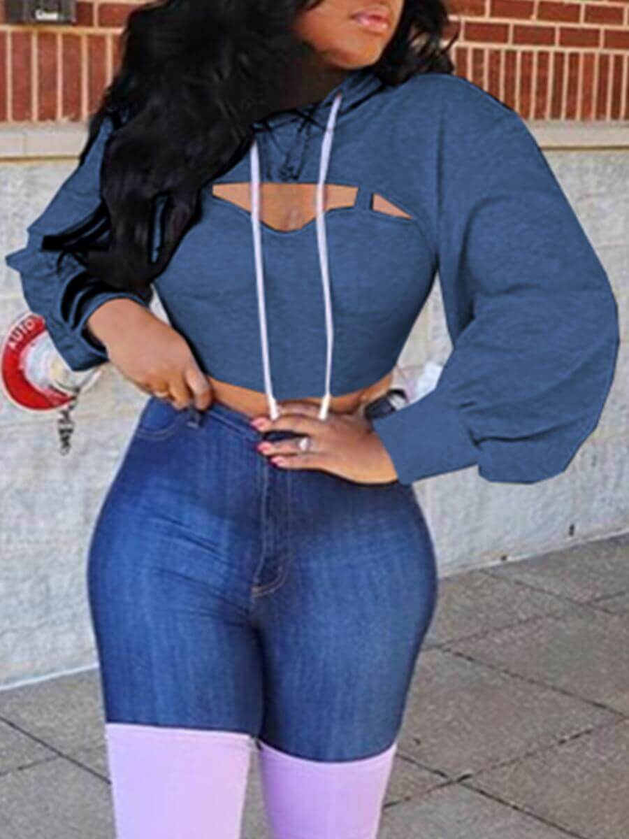 

Lovely Casual Hooded Collar Hollow-out Blue Hoodie