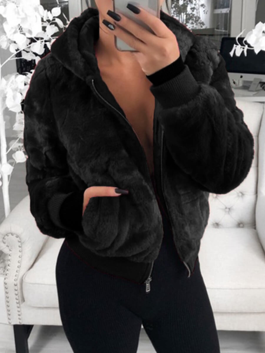 

Lovely Casual Hooded Collar Pocket Design Black Faux Fur