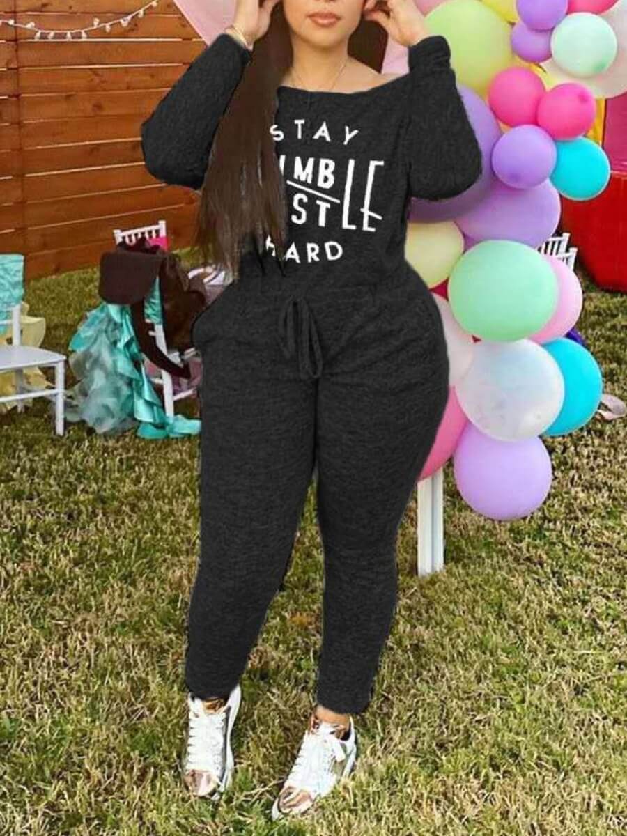 

Lovely Casual U Neck Letter Print Black One-piece Jumpsuit