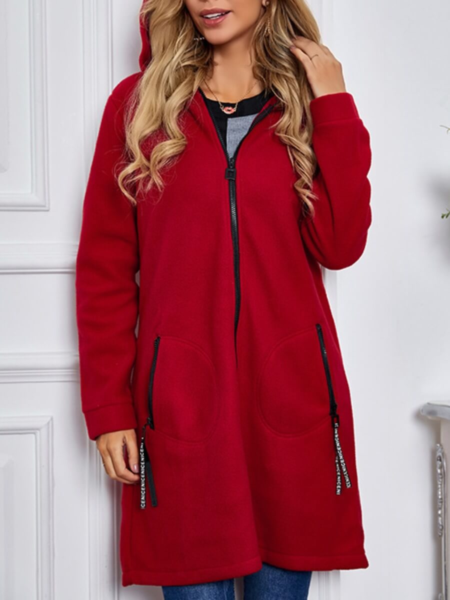 

Lovely Casual Hooded Collar Zipper Design Wine Red Trench Coat