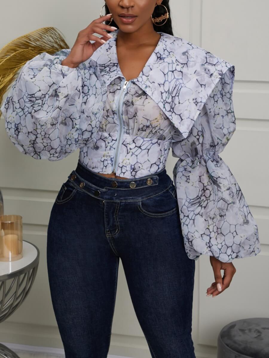 

Lovely Stylish Lantern Sleeve Print Blue Coat