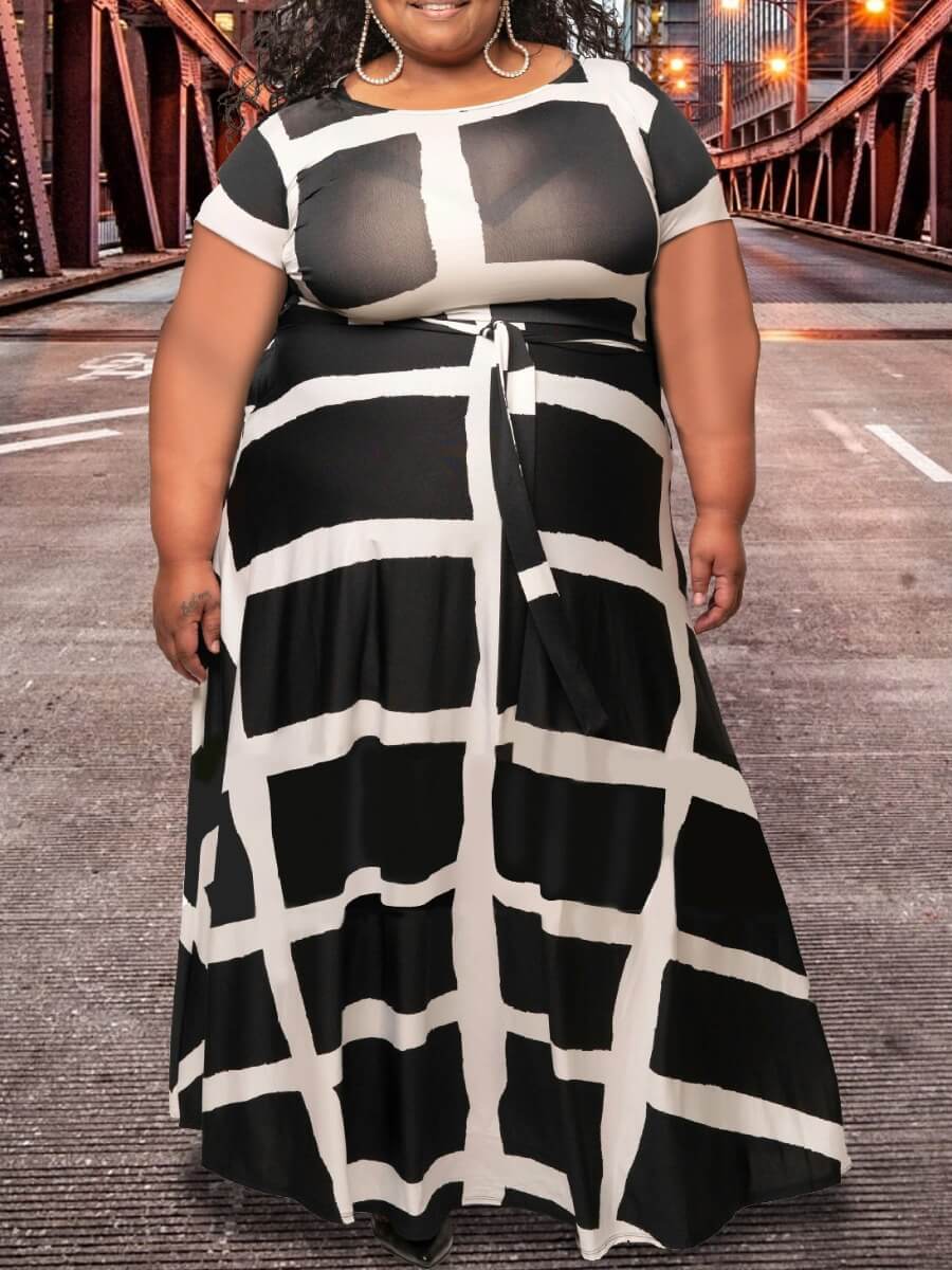 

Lovely Casual O Neck Print Black Floor Length A Line Plus Size Dress