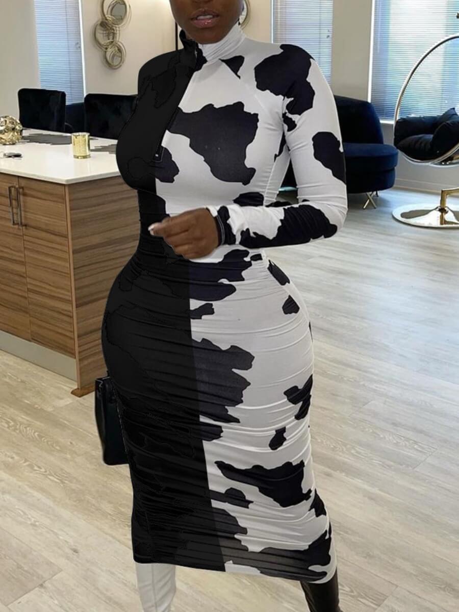 

Lovely Casual Turtleneck Print Patchwork Black Mid Calf Dress