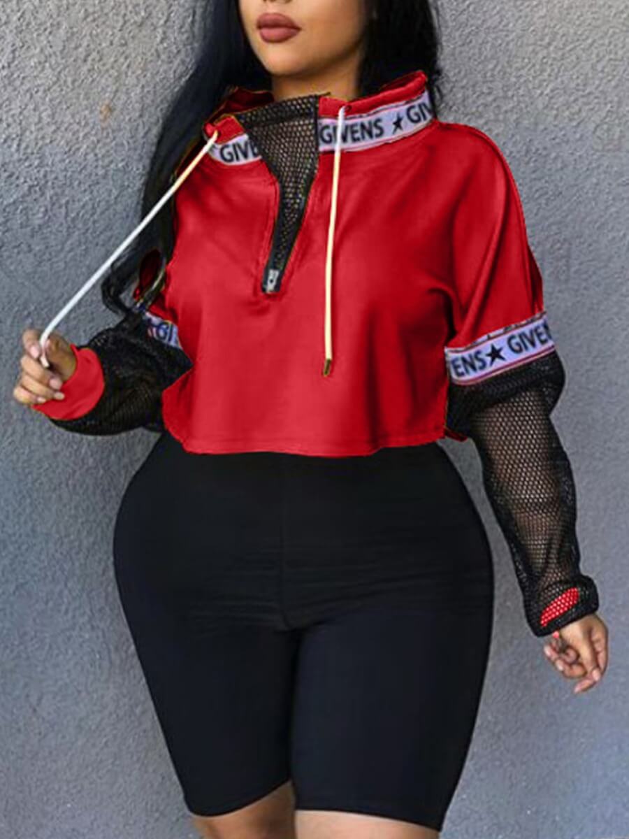 

Lovely Casual Letter Print Patchwork Red Plus Size Hoodie