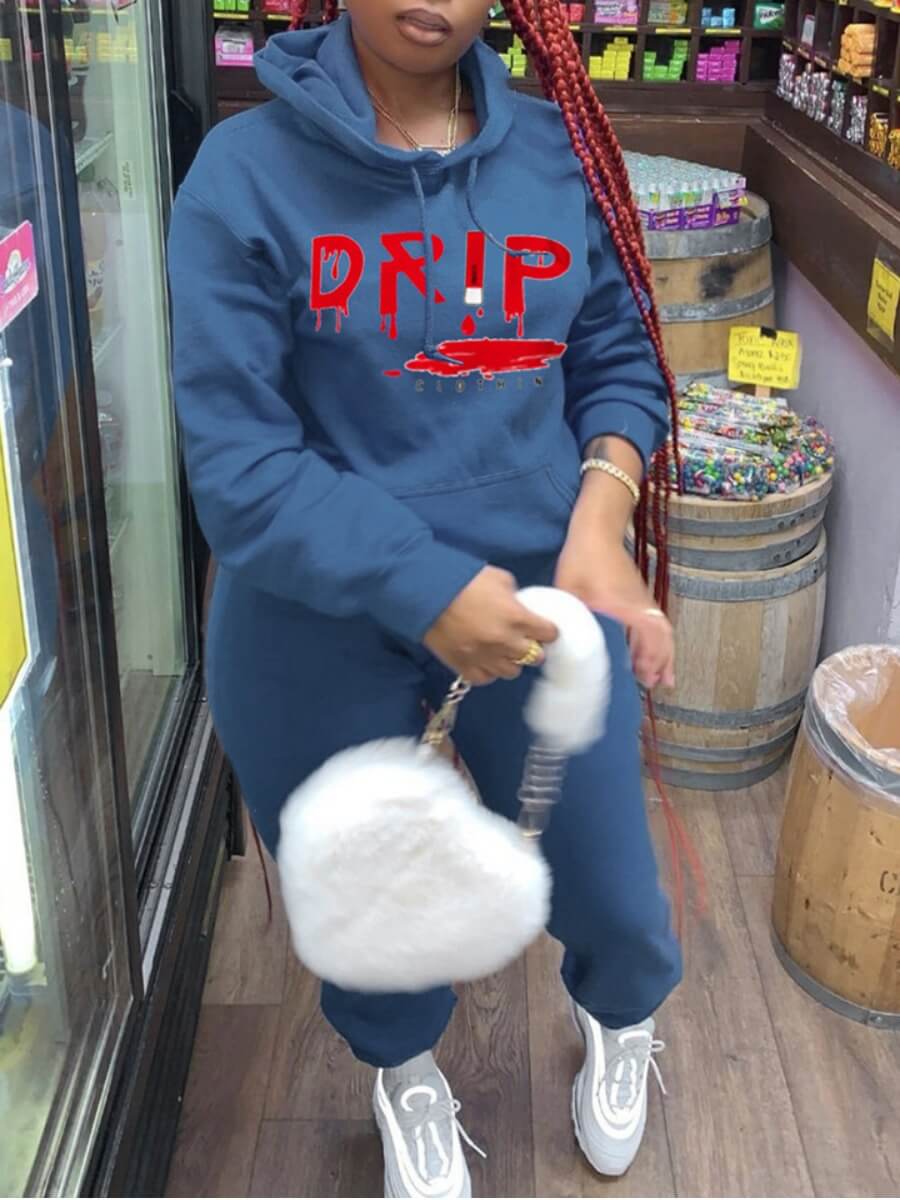 

Lovely Casual Letter Print Kangaroo Pocket Baby Blue Plus Size Two-piece Pants Set