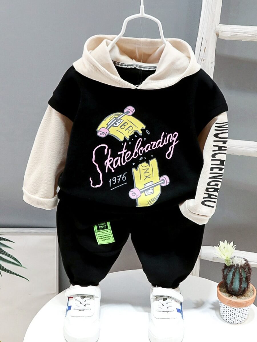 

Lovely Casual Hooded Collar Print Patchwork Black Boy Two Piece Pants Set