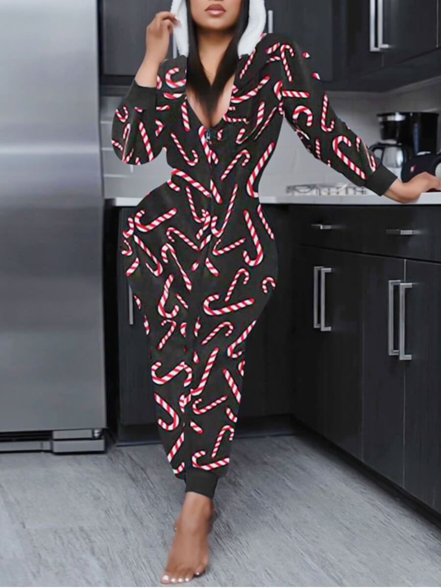 

Lovely Casual Hooded Collar Print Patchwork Black One-piece Jumpsuit