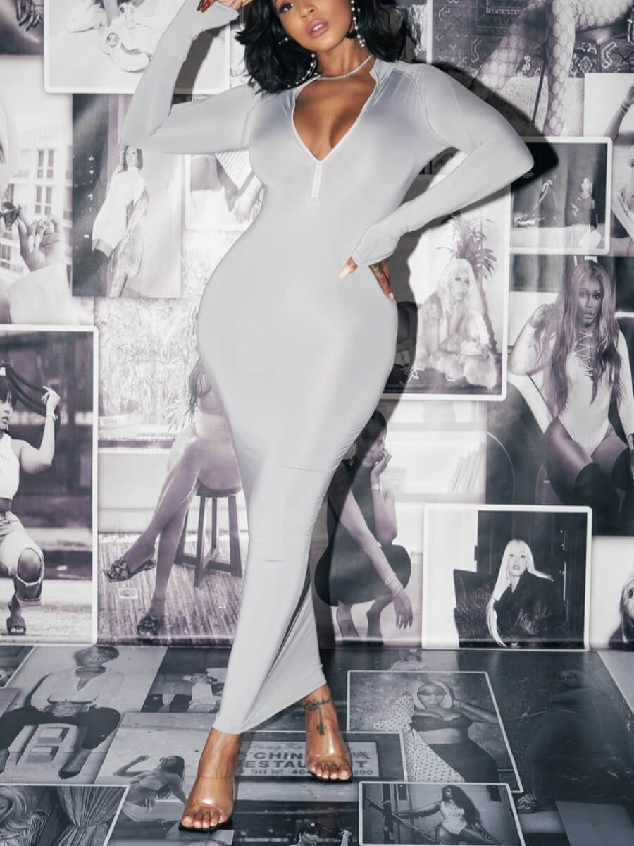 

Lovely Casual V Neck Grey Ankle Length Dress