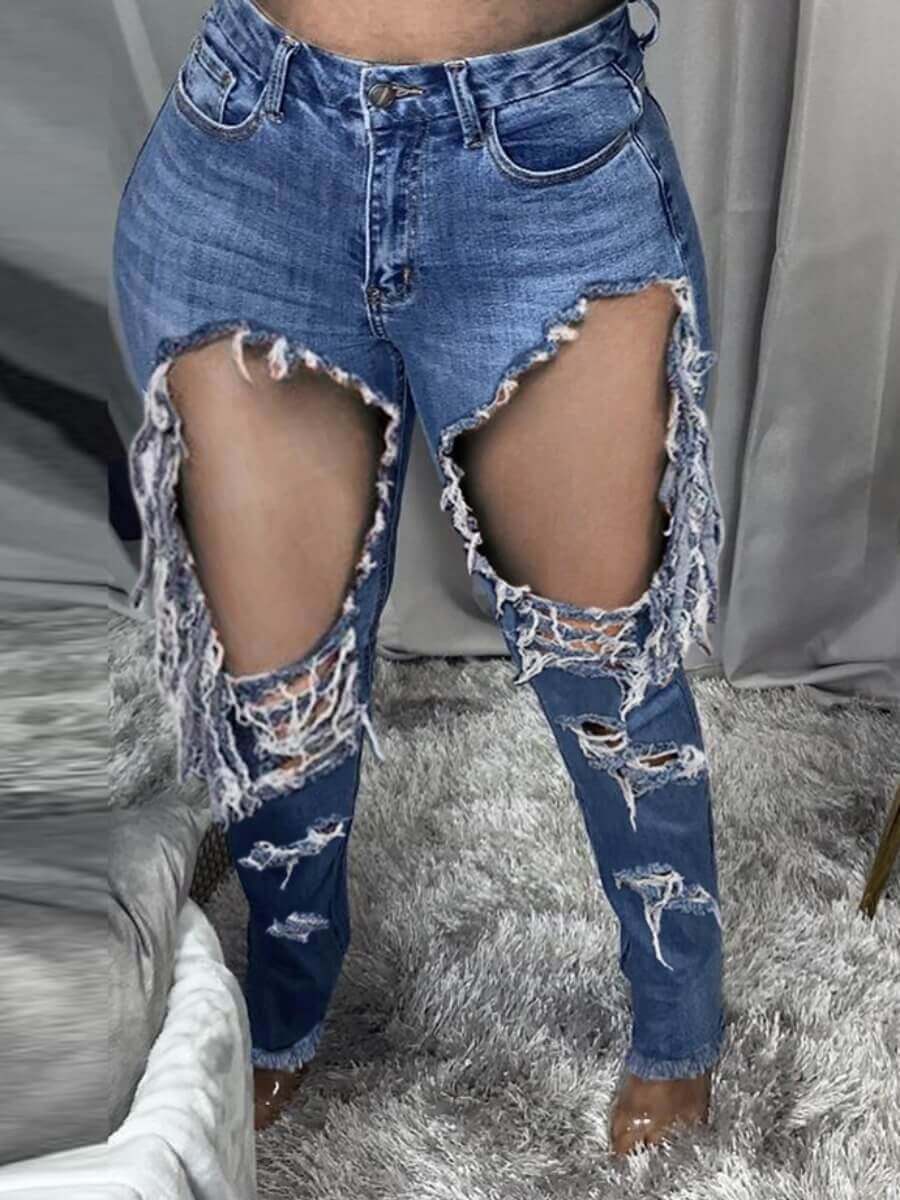 

Lovely Street High-waisted Broken Holes Blue Jeans, Baby blue