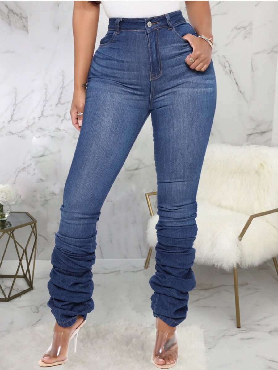 

Lovely Casual High-waisted Fold Design Deep Blue Jeans