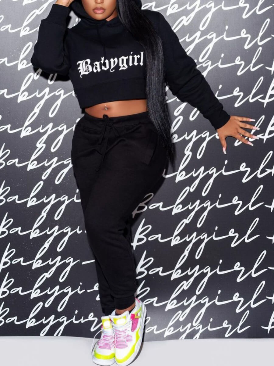 

Lovely Casual Hooded Collar Letter Print Black Two Piece Pants Set