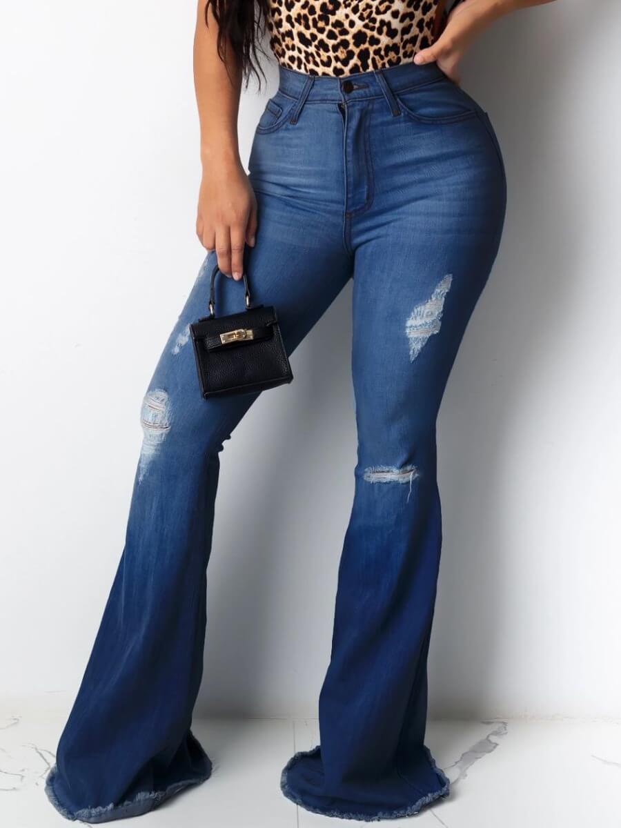 

Lovely Casual High-waisted Broken Holes Deep Blue Plus Size Jeans