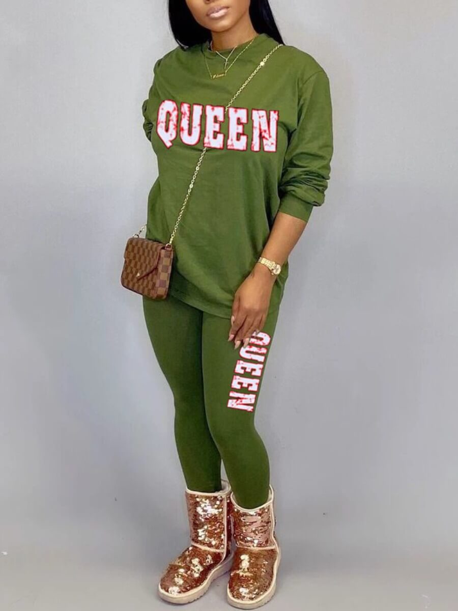 

LW BASICS Casual Letter Print Green Two Piece Pants Set