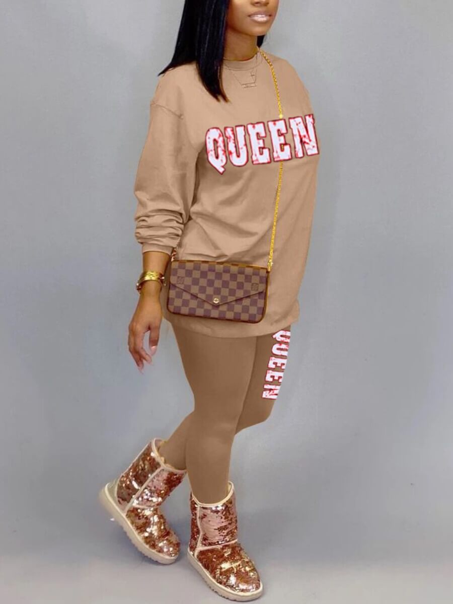 

LW Casual Letter Print Khaki Two Piece Pants Set