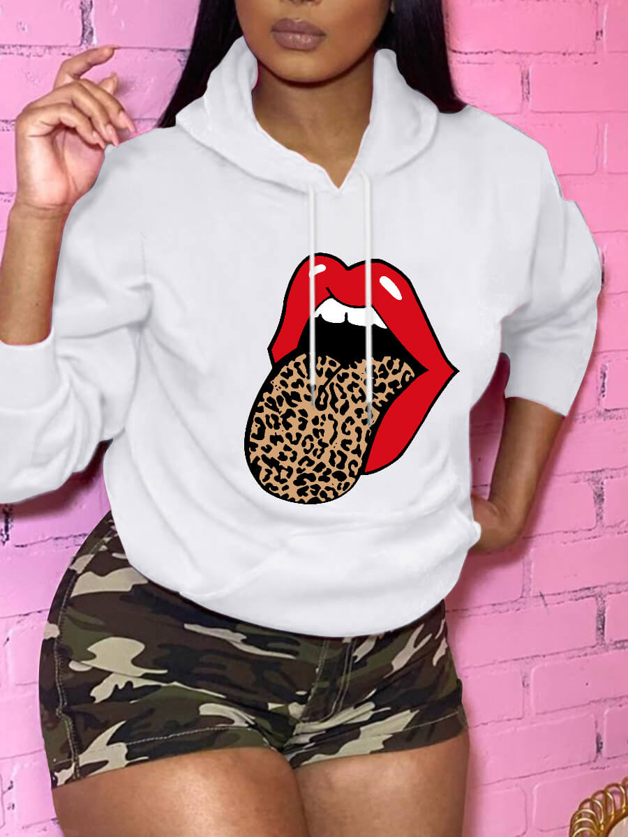 

Lovely Casual Hooded Collar Lip Print White Hoodie