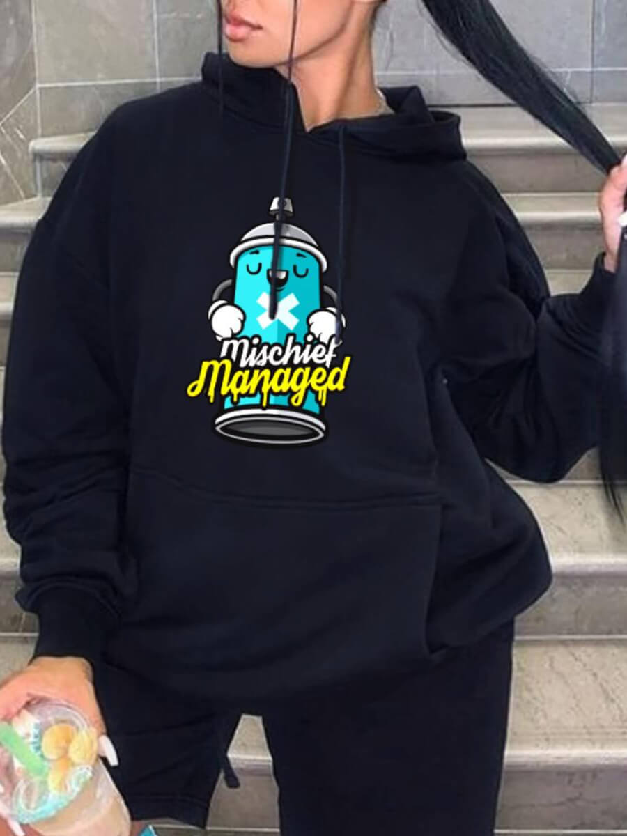 

Lovely Casual Cartoon Letter Print Patchwork Black Plus Size Hoodie