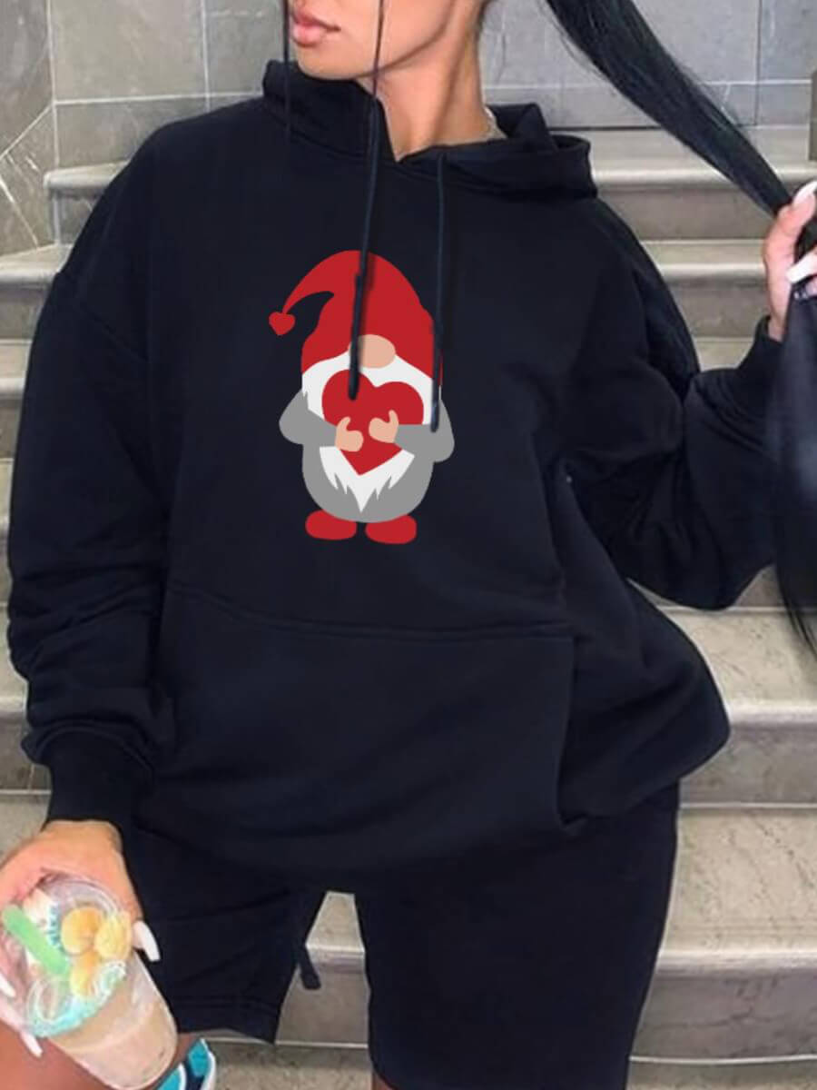 

Lovely Trendy Christmas Day Heart-shaped Print Black Plus Size Hoodie