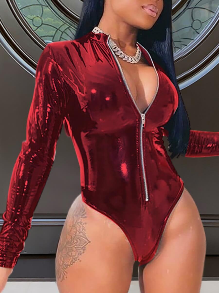 

Lovely Sexy Zipper Design Basic Skinny Wine Red Bodysuit