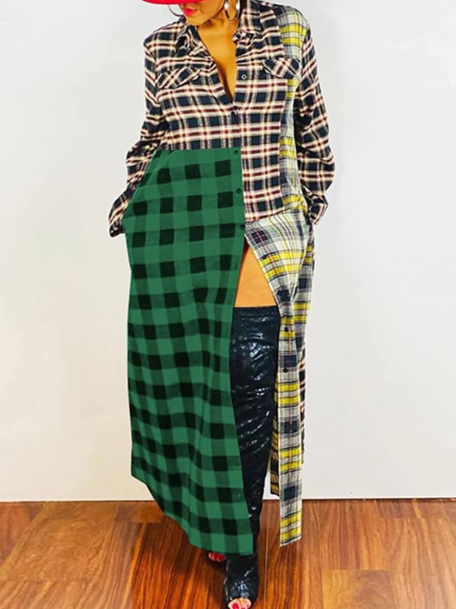 

Lovely Stylish Turndown Collar Plaid Print Patchwork Green Trench Coat