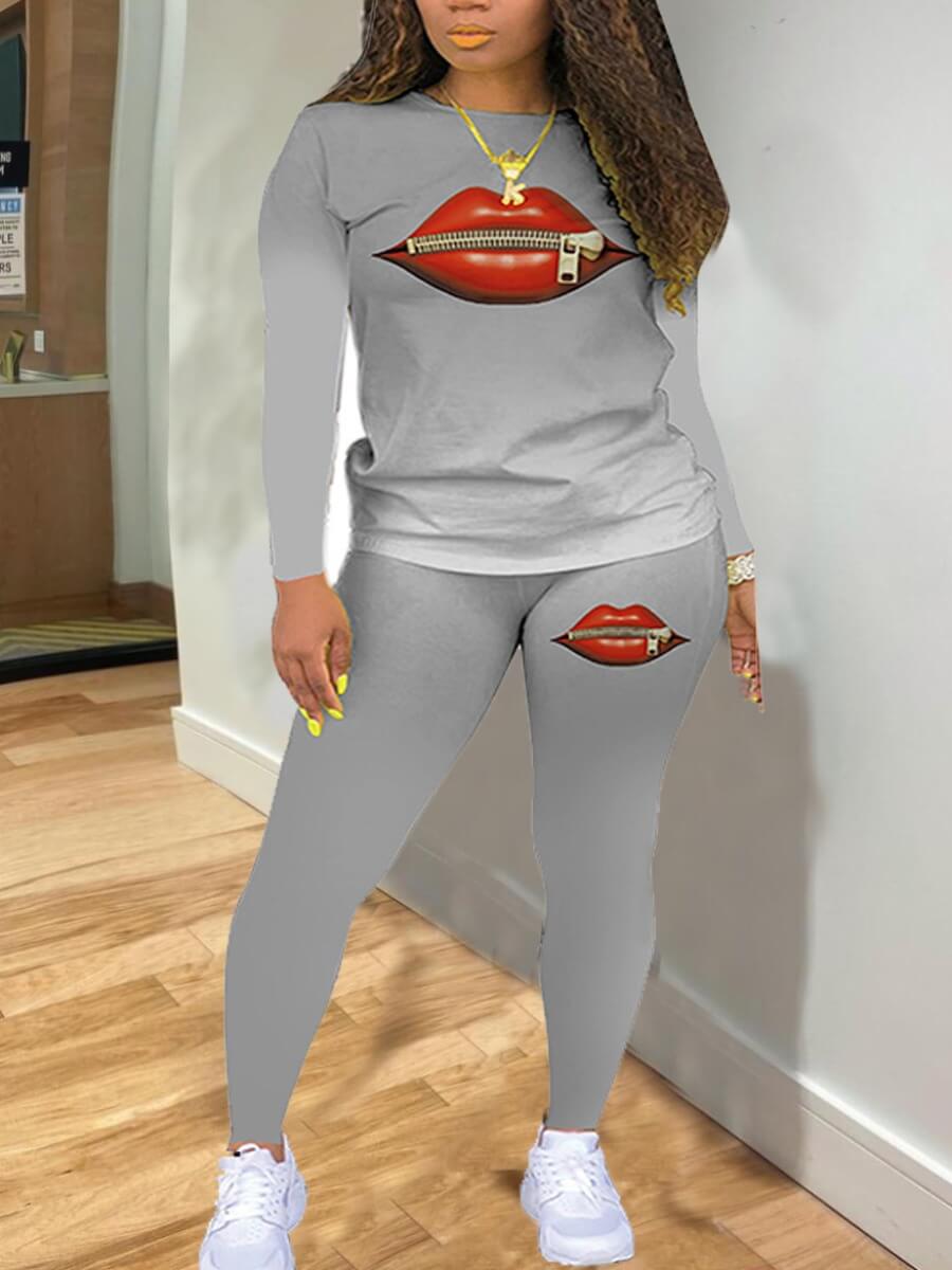 

Lovely Casual Gradient Lip Print Grey Two Piece Pants Set